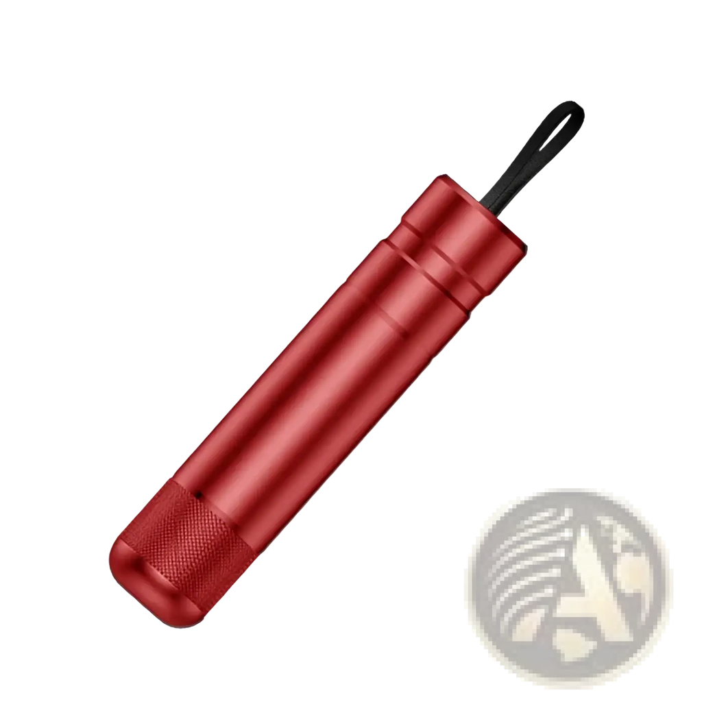 Red metallic cylindrical car emergency hammer and seat belt cutter case with black fabric loop and textured grip end