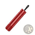 Red metallic cylindrical car emergency hammer and seat belt cutter case with black fabric loop and textured grip end