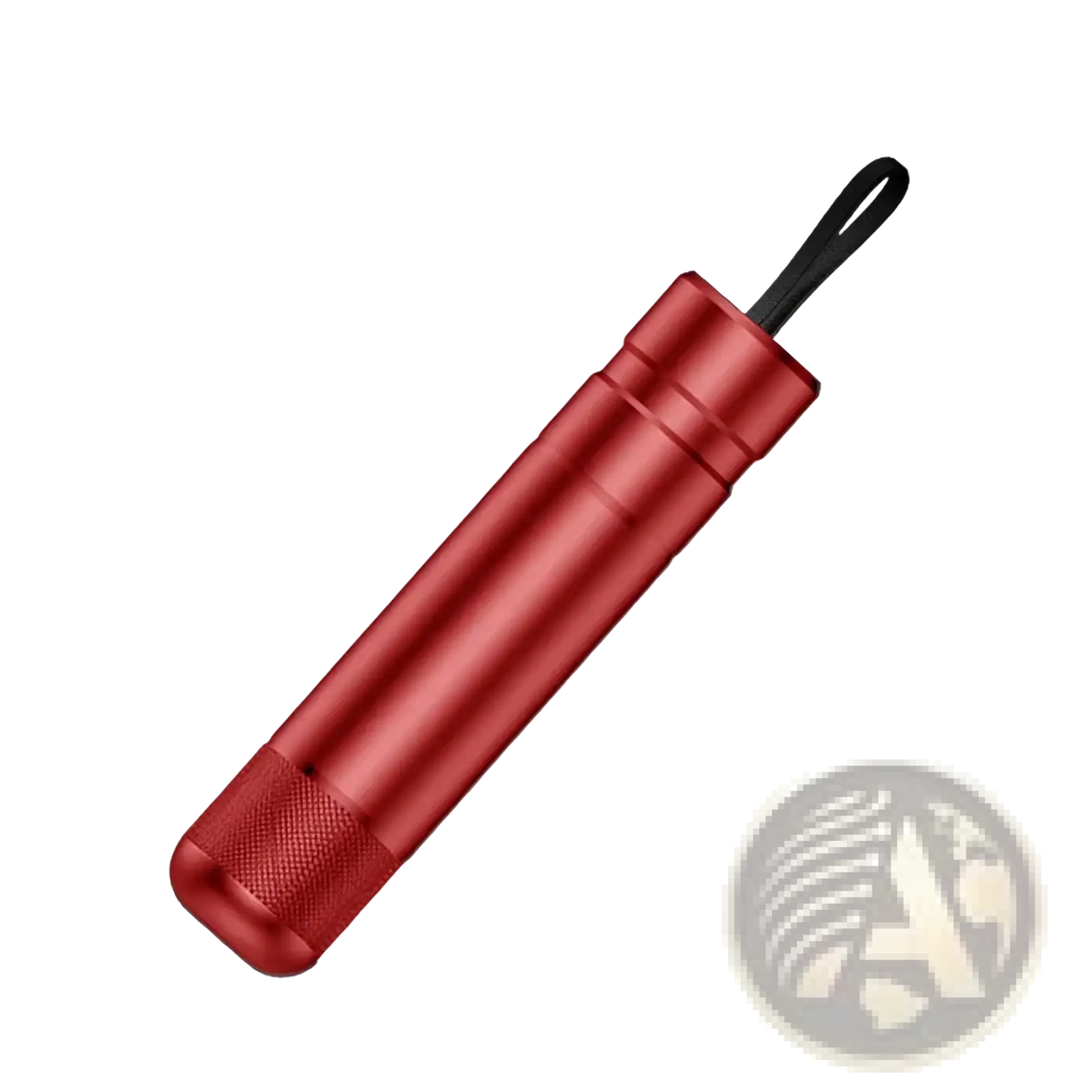 Red metallic cylindrical car emergency hammer and seat belt cutter case with black fabric loop and textured grip end