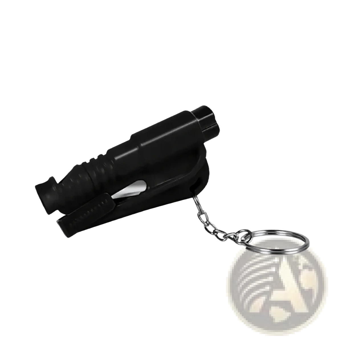 Black plastic car emergency safety hammer with metal window breaker blade and keychain attachment