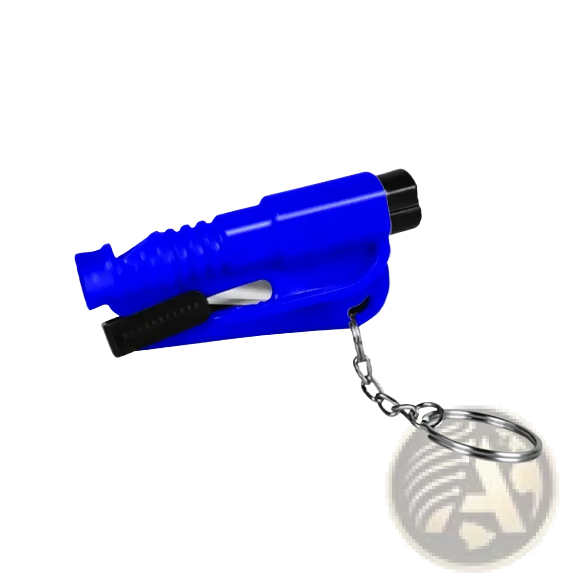 Blue plastic car emergency safety hammer window breaker with black accents and metal keychain for vehicle safety