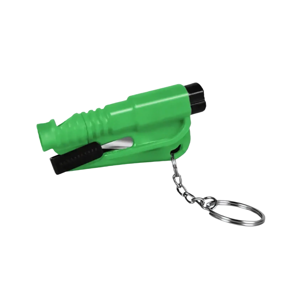 Bright green plastic car emergency safety hammer window breaker with black accents and attached metal keychain