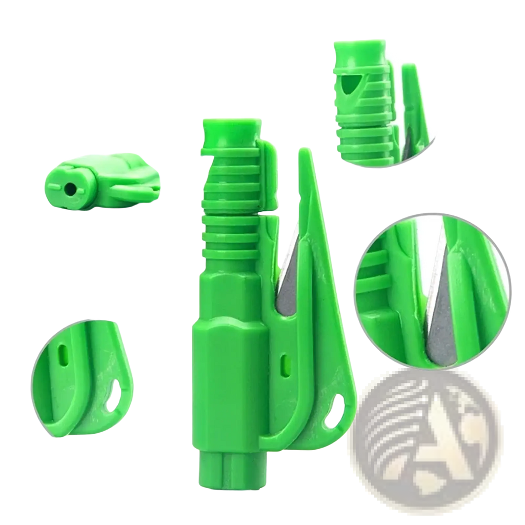 Bright green plastic carabiner-style car emergency safety hammer with seat belt cutter whistle and sharp blade