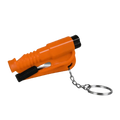 Bright orange plastic car emergency safety hammer with black rubber grips and silver metal keychain for window breaking
