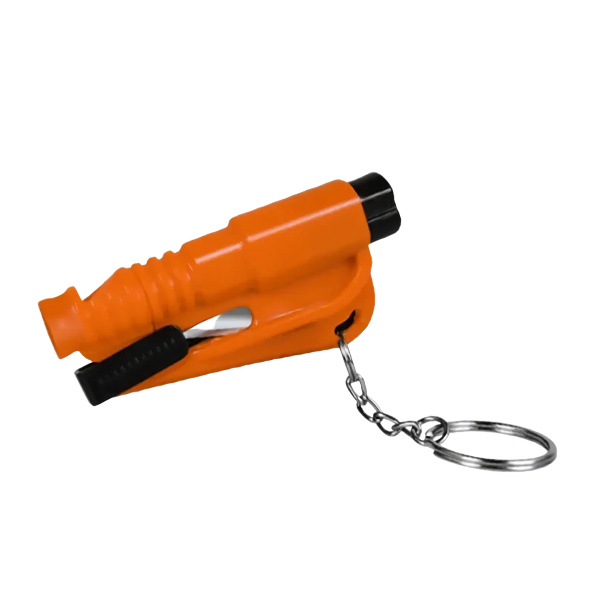 Bright orange plastic car emergency safety hammer with black rubber grips and silver metal keychain for window breaking