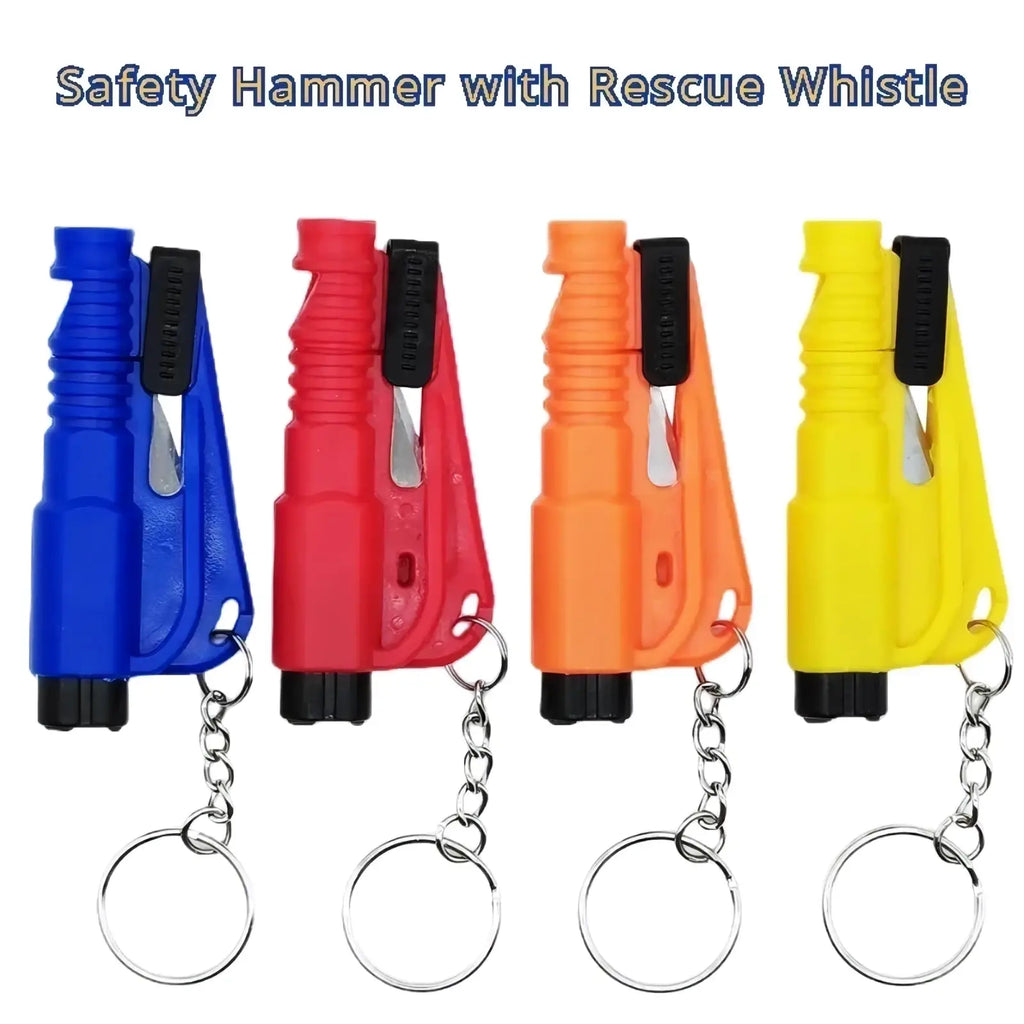 Car emergency safety hammer window breaker with integrated whistle keychain attachment molded plastic in blue red orange yellow