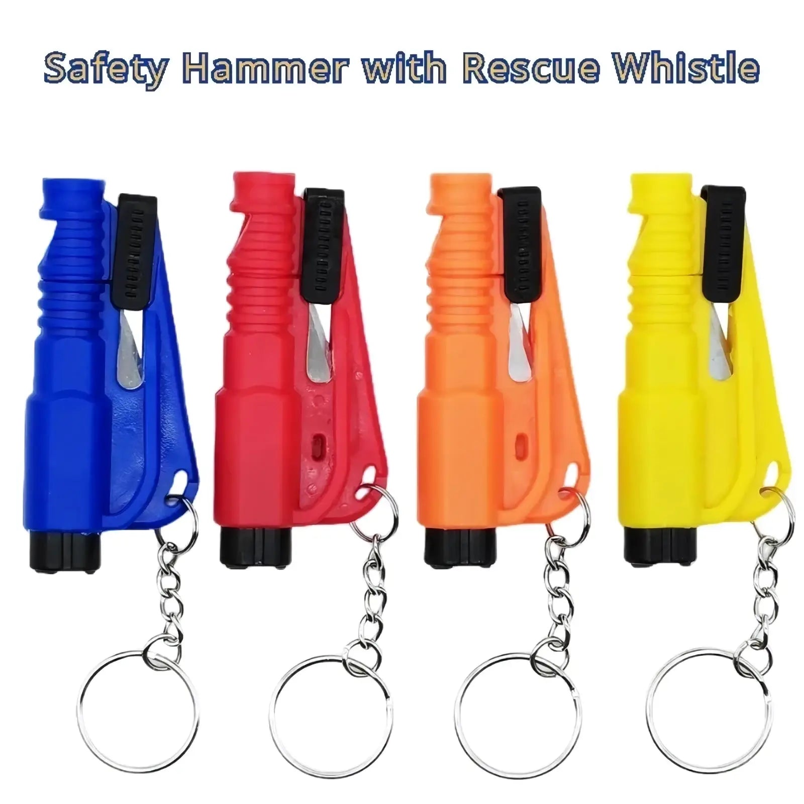 Car emergency safety hammer window breaker with integrated whistle keychain attachment molded plastic in blue red orange yellow