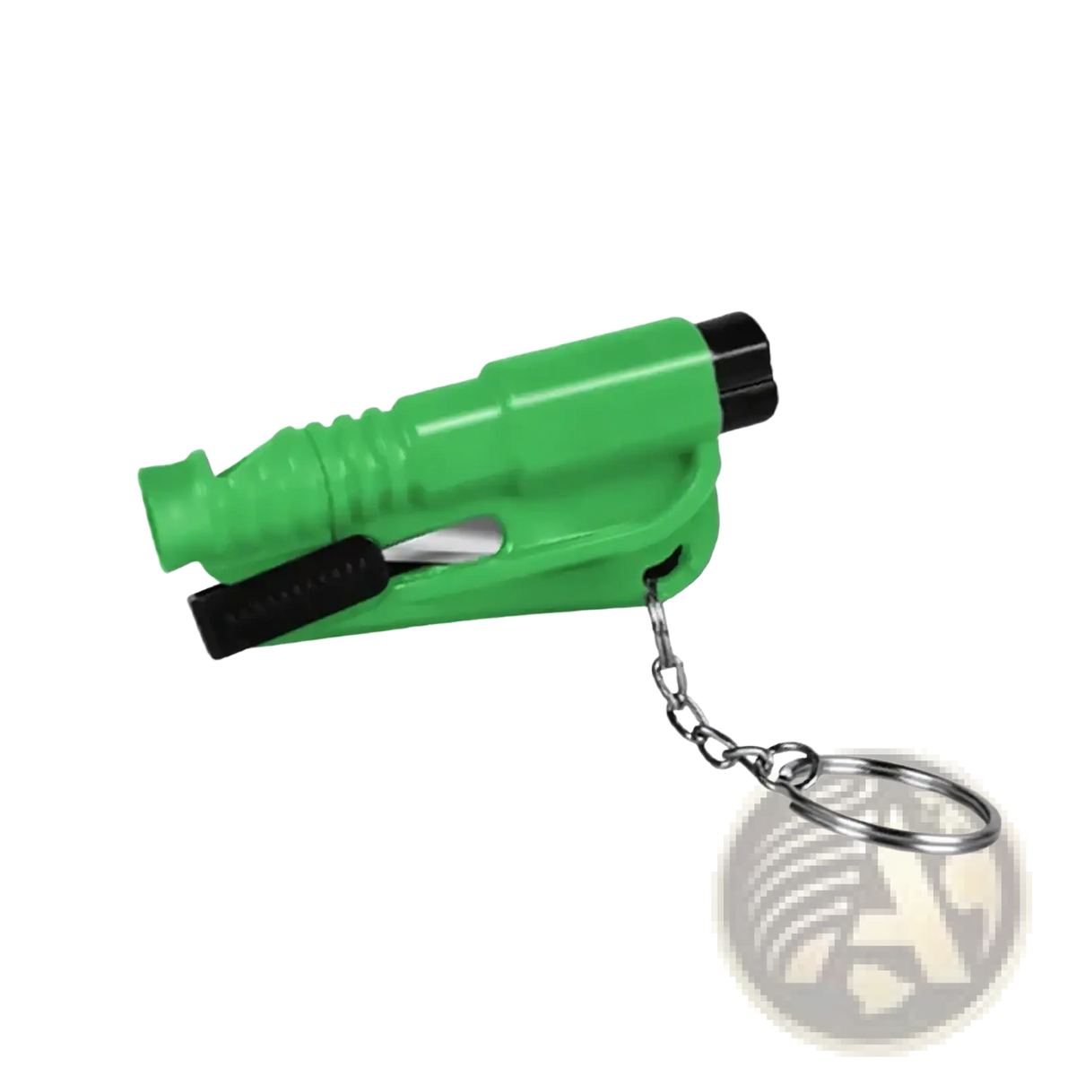 Bright green plastic car emergency safety hammer window breaker with black accents and attached metal keychain