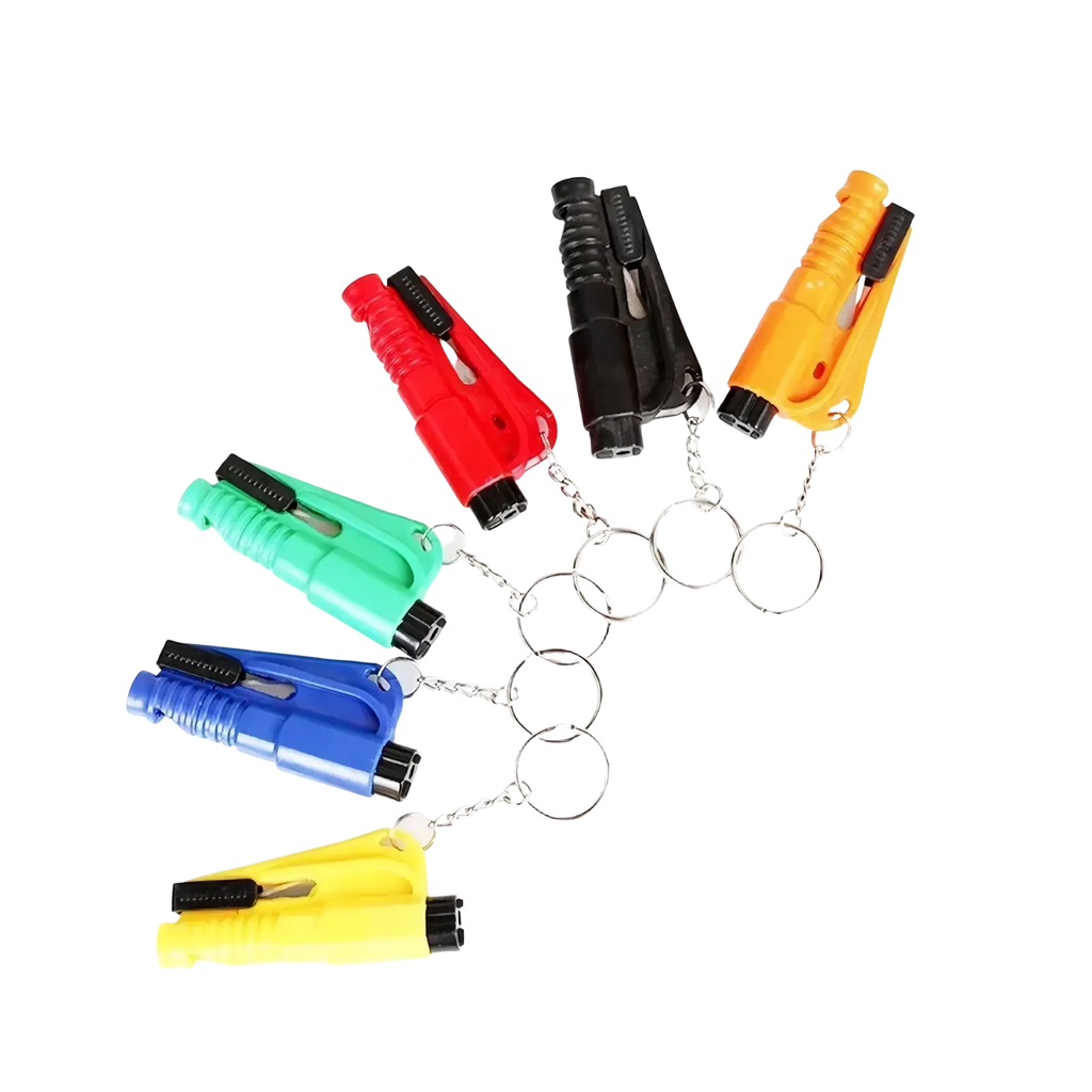 Multi-colored car emergency safety hammer window breaker tools with keychain attachments for quick access and durability