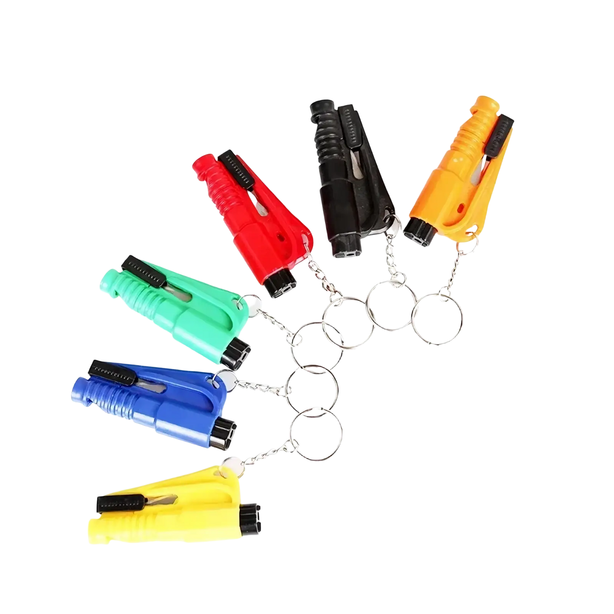 Multi-colored car emergency safety hammer window breaker tools with keychain attachments for quick access and durability