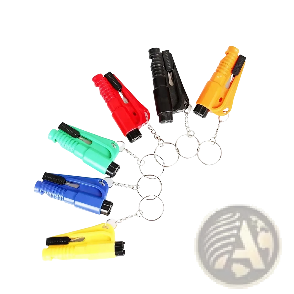 Multi-colored car emergency safety hammer window breaker tools with keychain attachments for quick access and durability