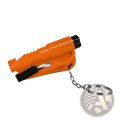 Bright orange plastic car emergency safety hammer with black rubber grips and silver metal keychain for window breaking