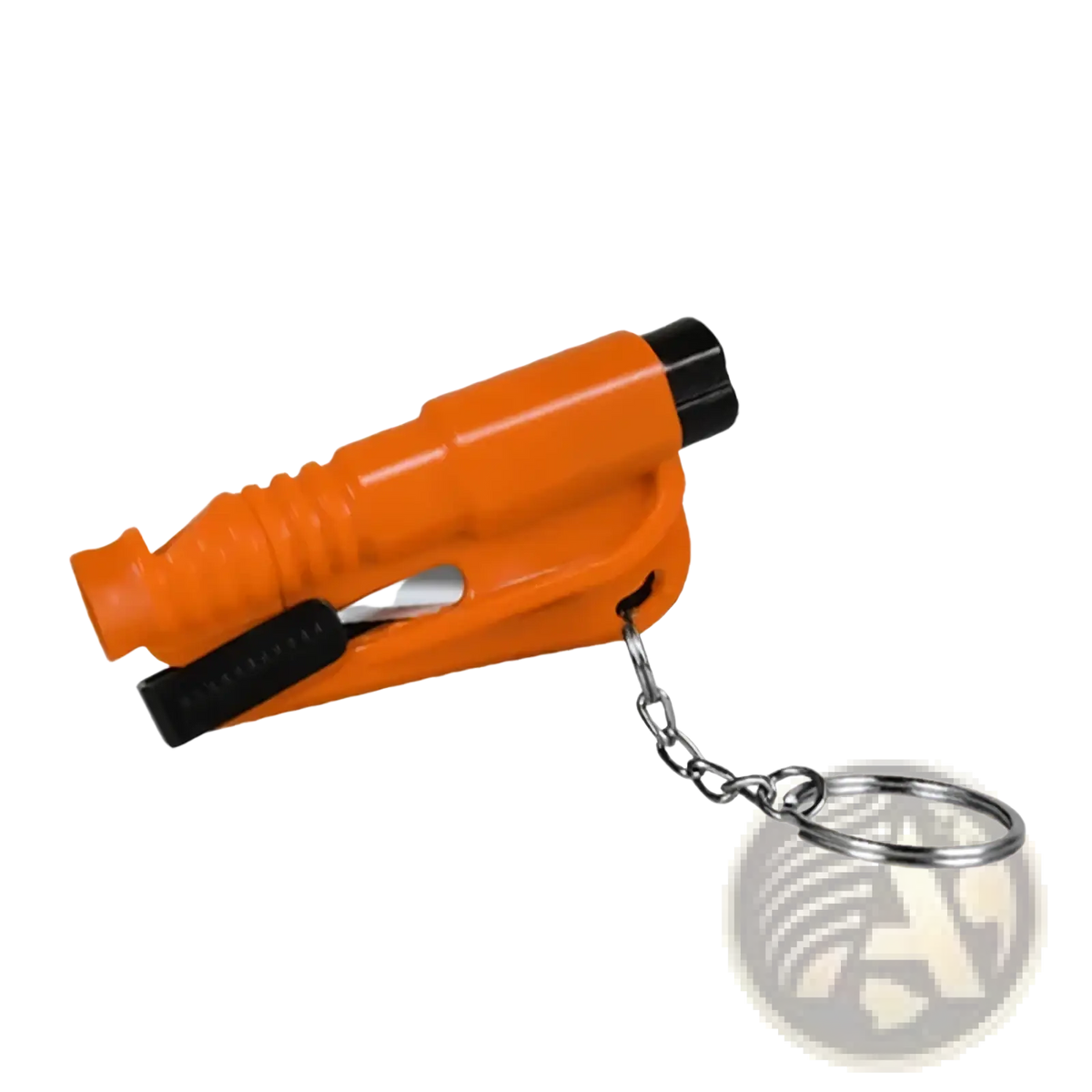 Bright orange plastic car emergency safety hammer with black rubber grips and silver metal keychain for window breaking