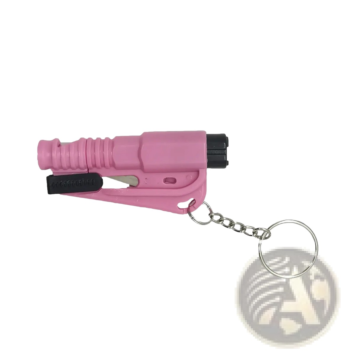 Pink plastic car emergency safety hammer window breaker with black accents and silver keychain for safety use