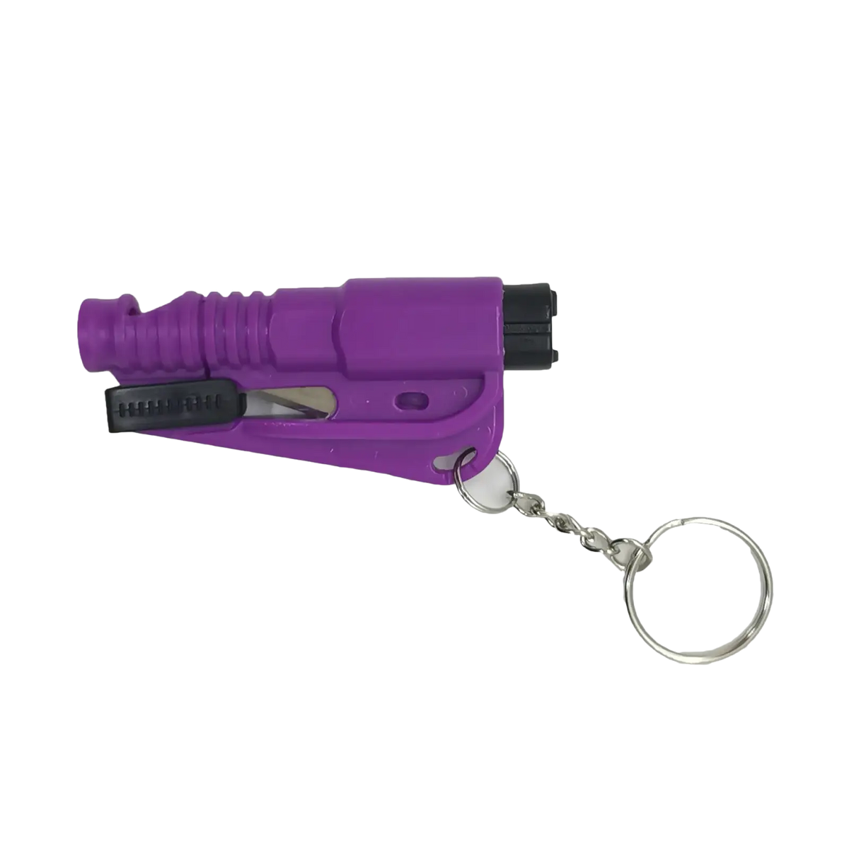 Purple plastic car emergency safety hammer window breaker with black accents and silver keychain attachment