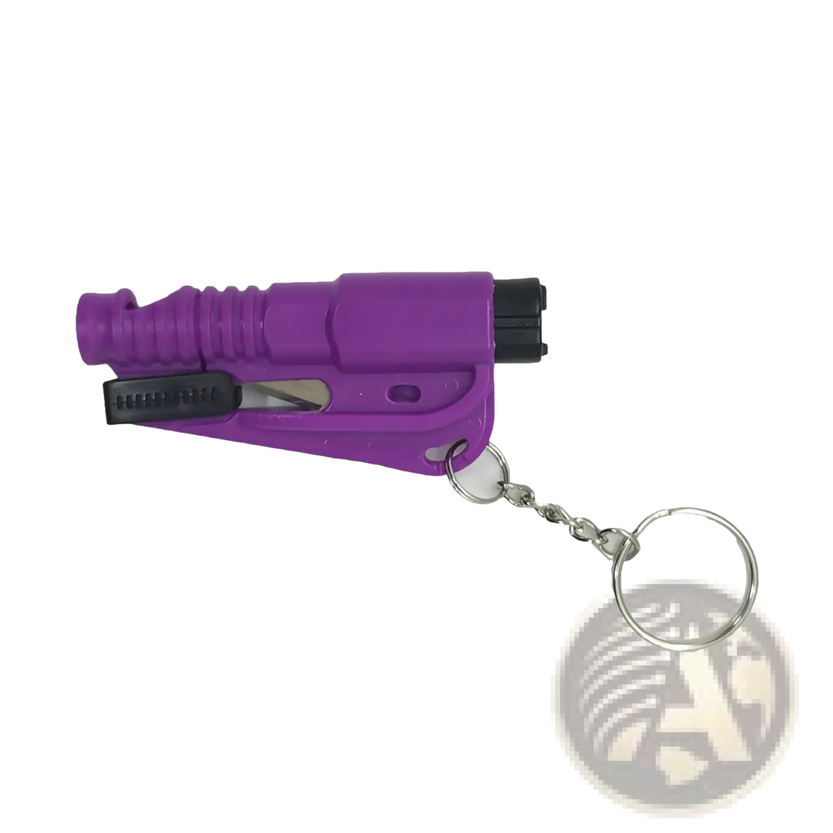 Purple plastic car emergency safety hammer window breaker with black accents and silver keychain attachment