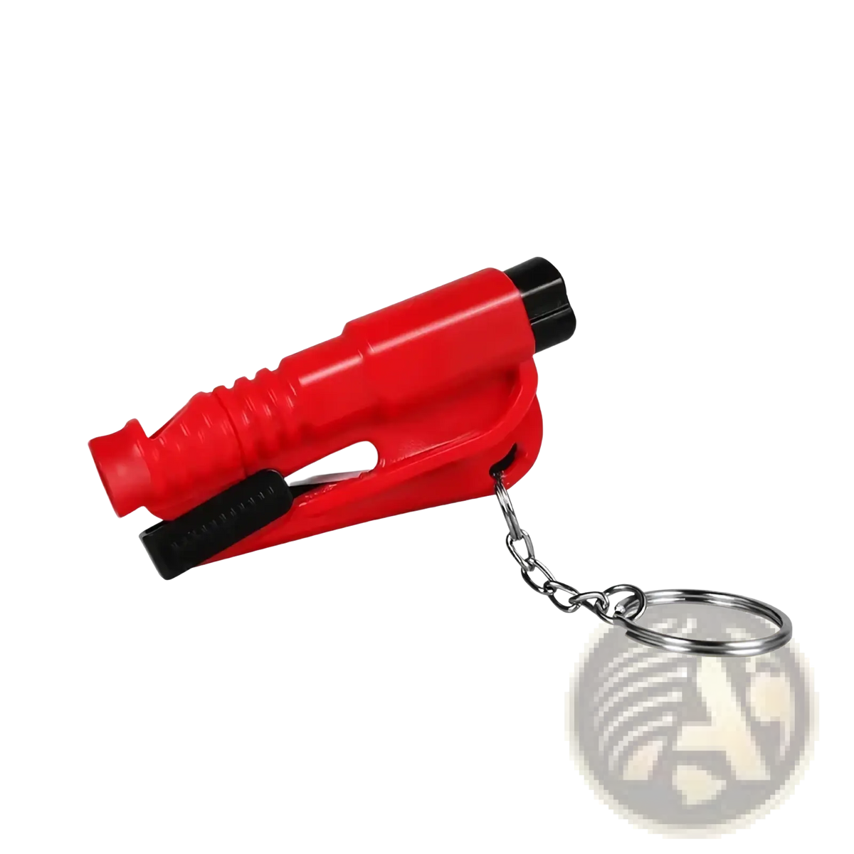 Red plastic car emergency safety hammer window breaker with black rubber grips and silver keychain for safety use