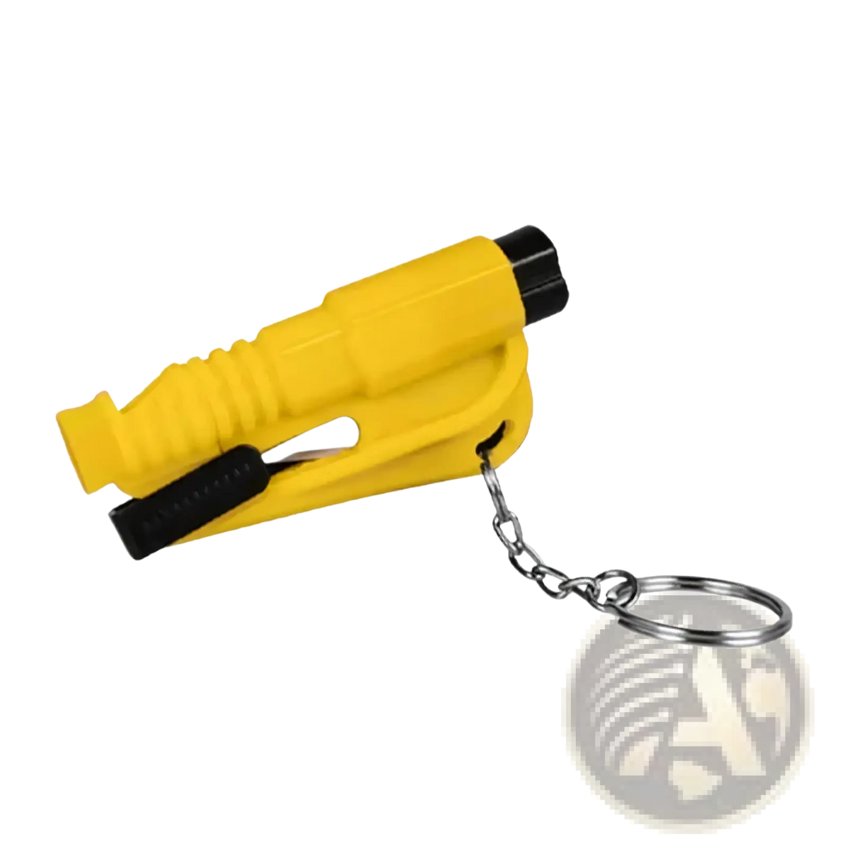 Yellow plastic car emergency safety hammer with black accents and metal keychain for window breaking