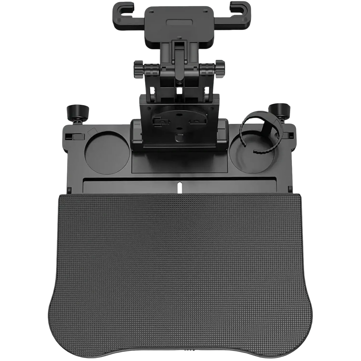 Black adjustable car mount tablet holder with textured surface and cup holders for car headrest laptop tray and food holder