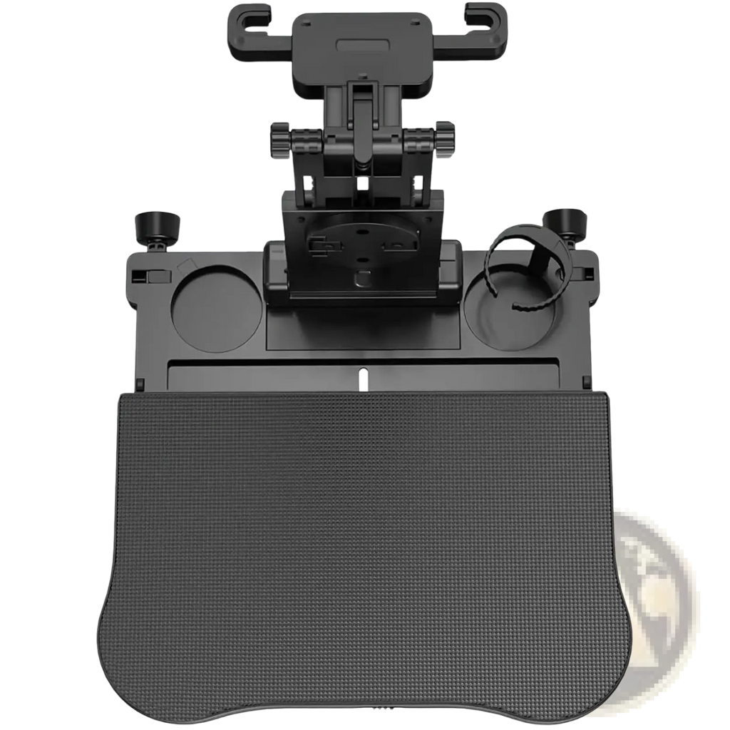 Black adjustable car mount tablet holder with textured surface and cup holders for car headrest laptop tray and food holder