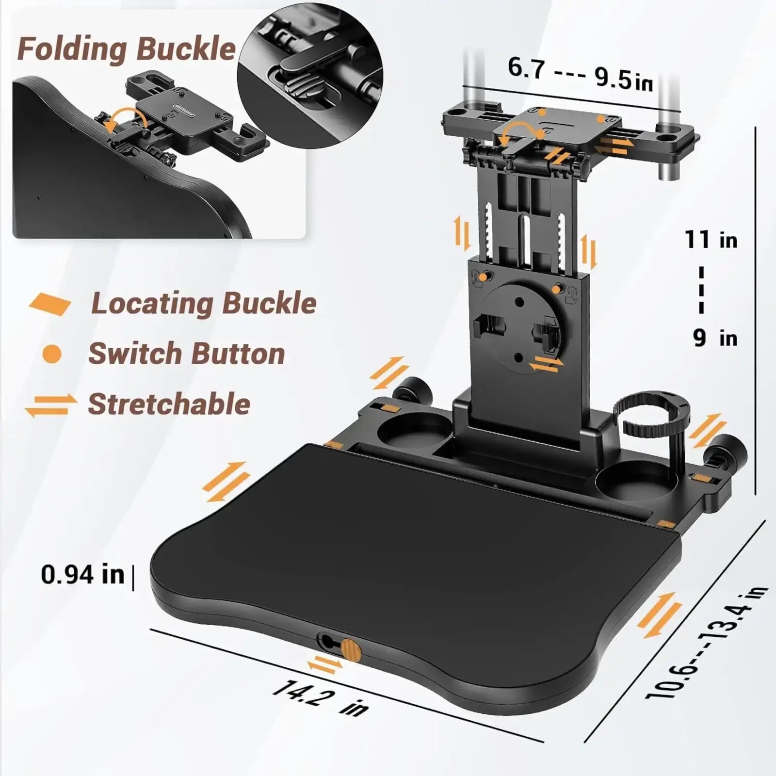 Black adjustable car phone mount with folding buckle and stretchable design for car headrest laptop tray and food holder