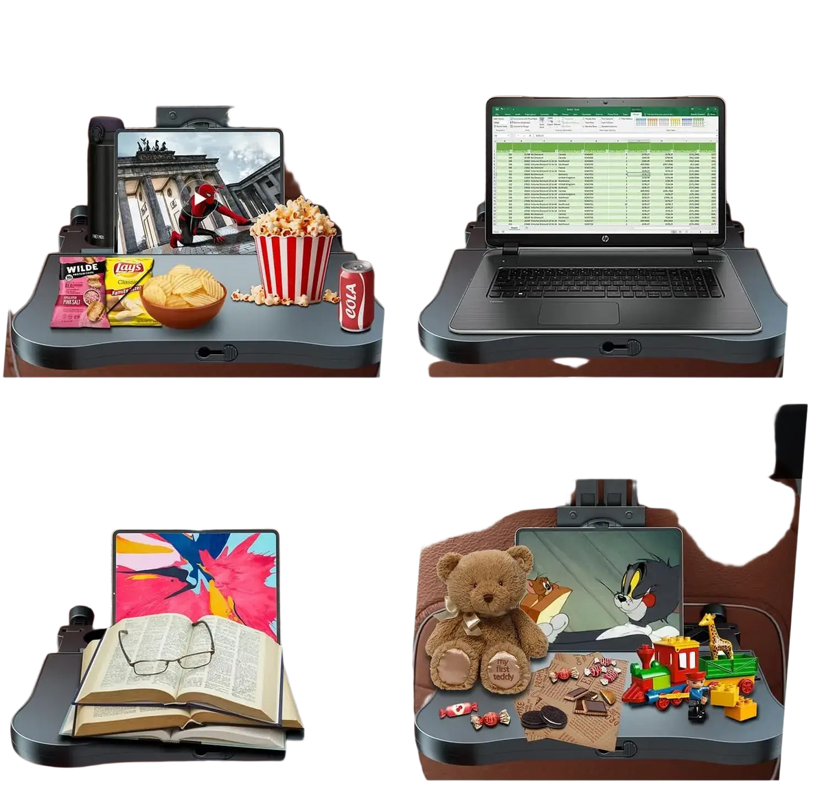 Black convertible car headrest laptop tray with adjustable height for entertainment work reading and toy table uses