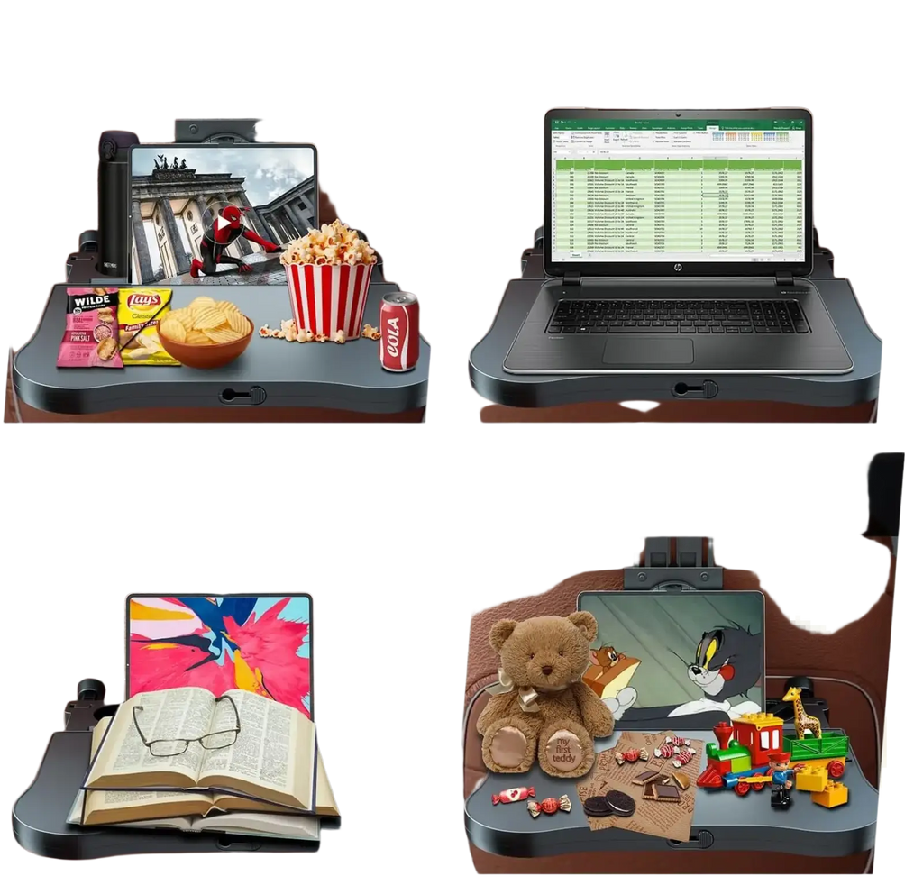 Black convertible car headrest laptop tray with adjustable height for entertainment work reading and toy table uses
