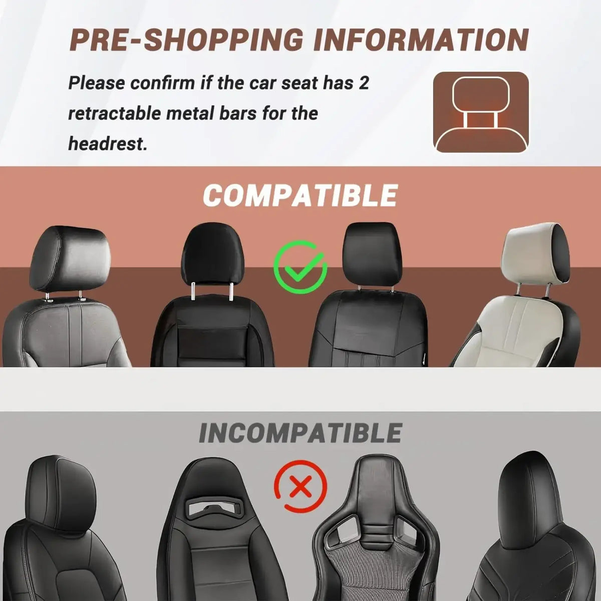 Black leather car headrest laptop tray and food holder covers with retractable metal bars shown from the back side