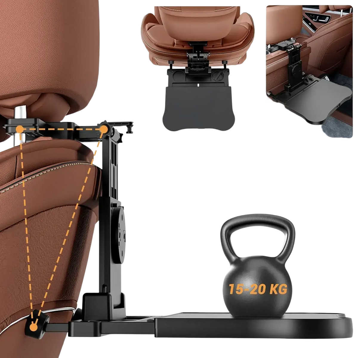 Black metal car headrest laptop tray and food holder with sturdy adjustable design and high load-bearing capacity