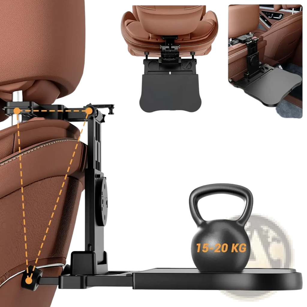 Black metal car headrest laptop tray and food holder with sturdy adjustable design and high load-bearing capacity