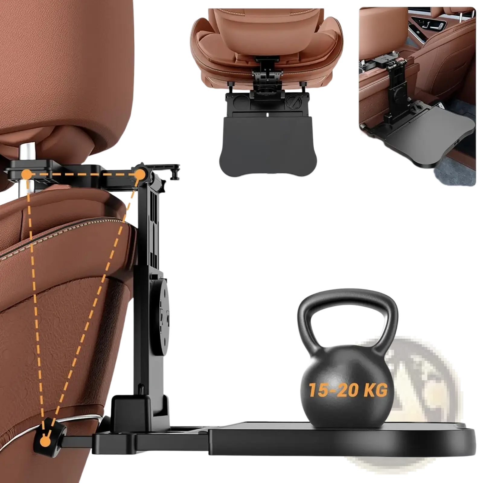 Black metal car headrest laptop tray and food holder with sturdy adjustable design and high load-bearing capacity