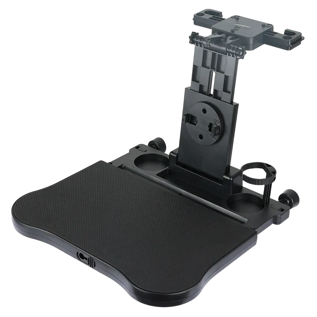 Black plastic car headrest laptop tray and food holder with adjustable arm and cup holders for rear seat use