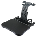 Black plastic car headrest laptop tray and food holder with adjustable arm and cup holders for rear seat use
