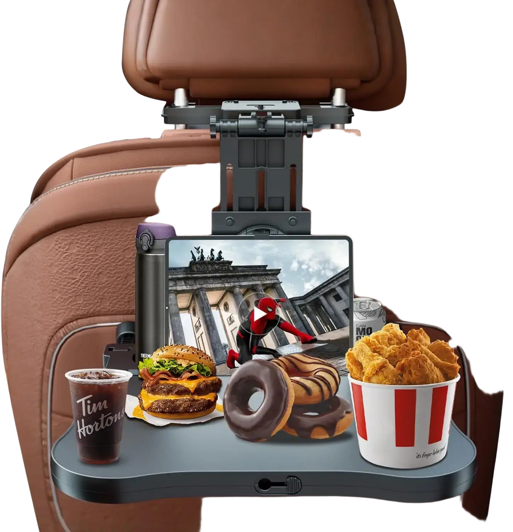 Car headrest laptop tray and food holder in black plastic with gray surface and adjustable clamp holding food and tablet