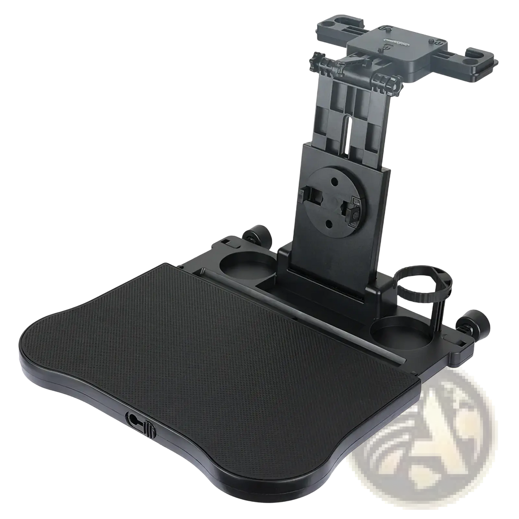 Black plastic car headrest laptop tray and food holder with adjustable arm and cup holders for rear seat use