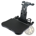 Black plastic car headrest laptop tray and food holder with adjustable arm and cup holders for rear seat use