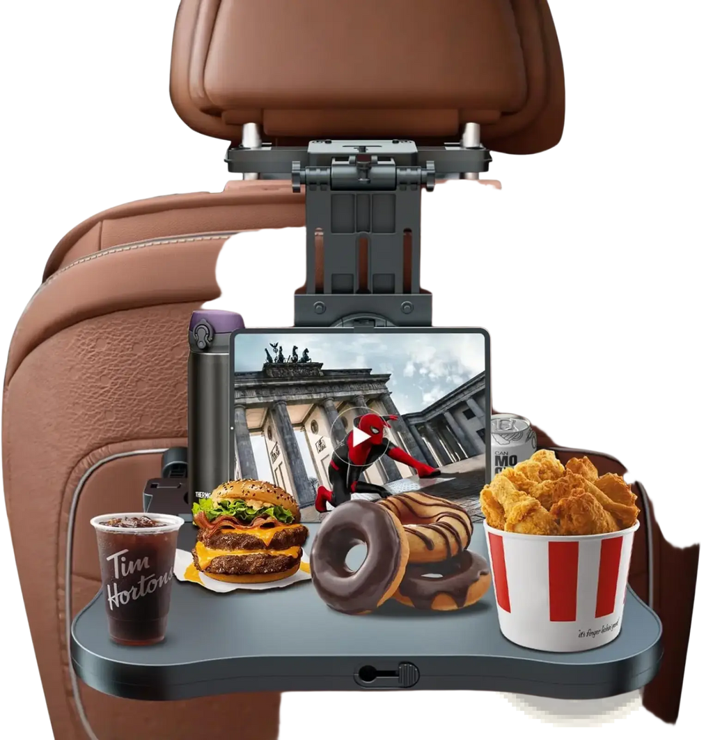 Car headrest laptop tray and food holder in black plastic with gray surface and adjustable clamp holding food and tablet