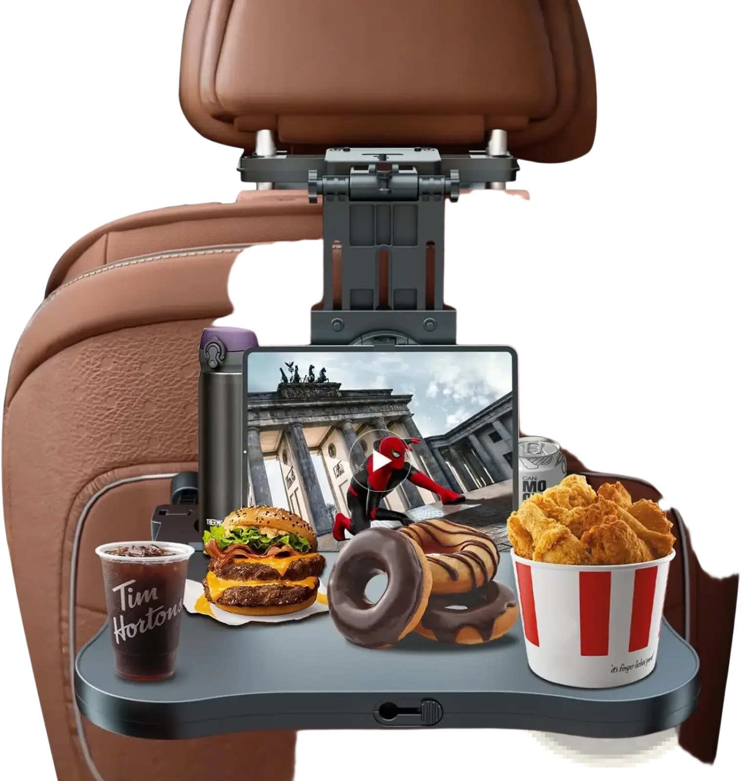 Car headrest laptop tray and food holder in black plastic with gray surface and adjustable clamp holding food and tablet