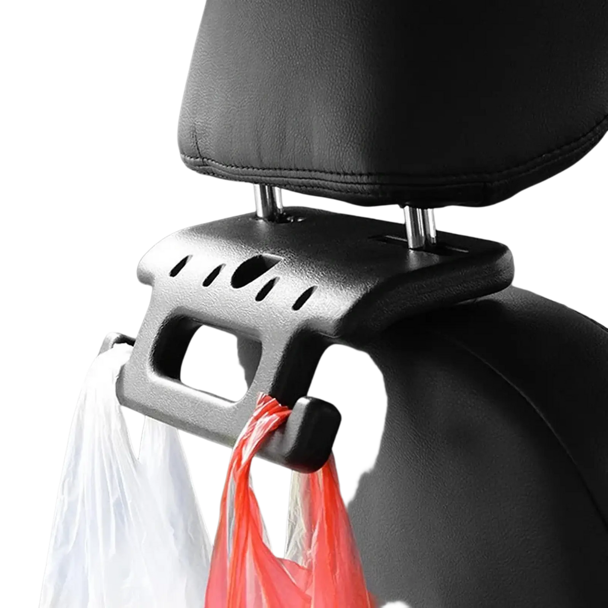 Black plastic car headrest storage hook and seat back organizer with multiple hooks and ventilation slots back side view