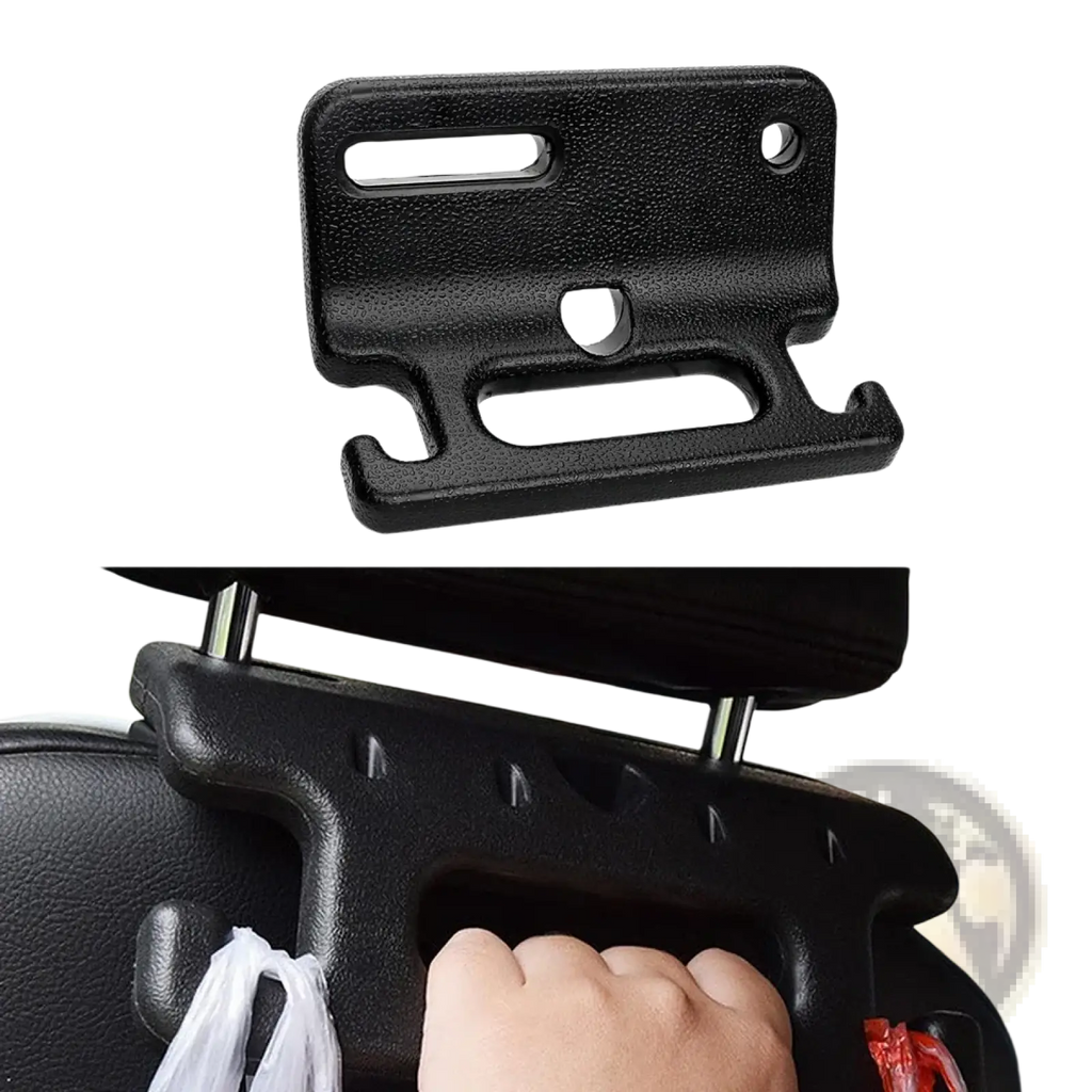 Black plastic car headrest storage hook and seat back organizer with multiple hooks and textured surface backside view