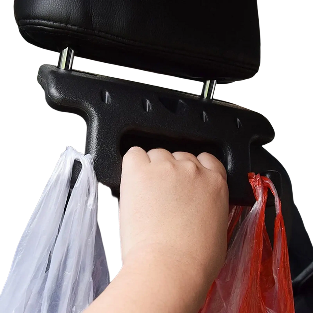 Black plastic car headrest storage hook and seat back organizer with multiple hooks holding shopping bags