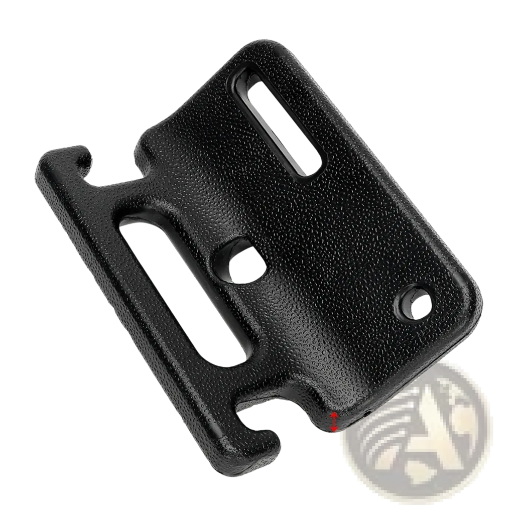 Black textured plastic car headrest storage hook mounting bracket with molded cutouts and holes shown from the back side