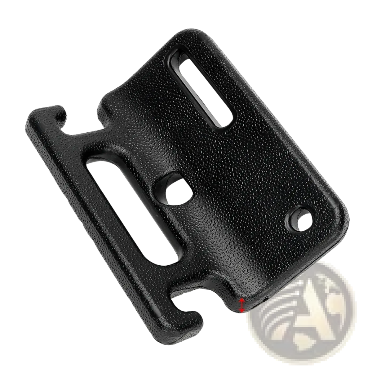 Black textured plastic car headrest storage hook mounting bracket with molded cutouts and holes shown from the back side