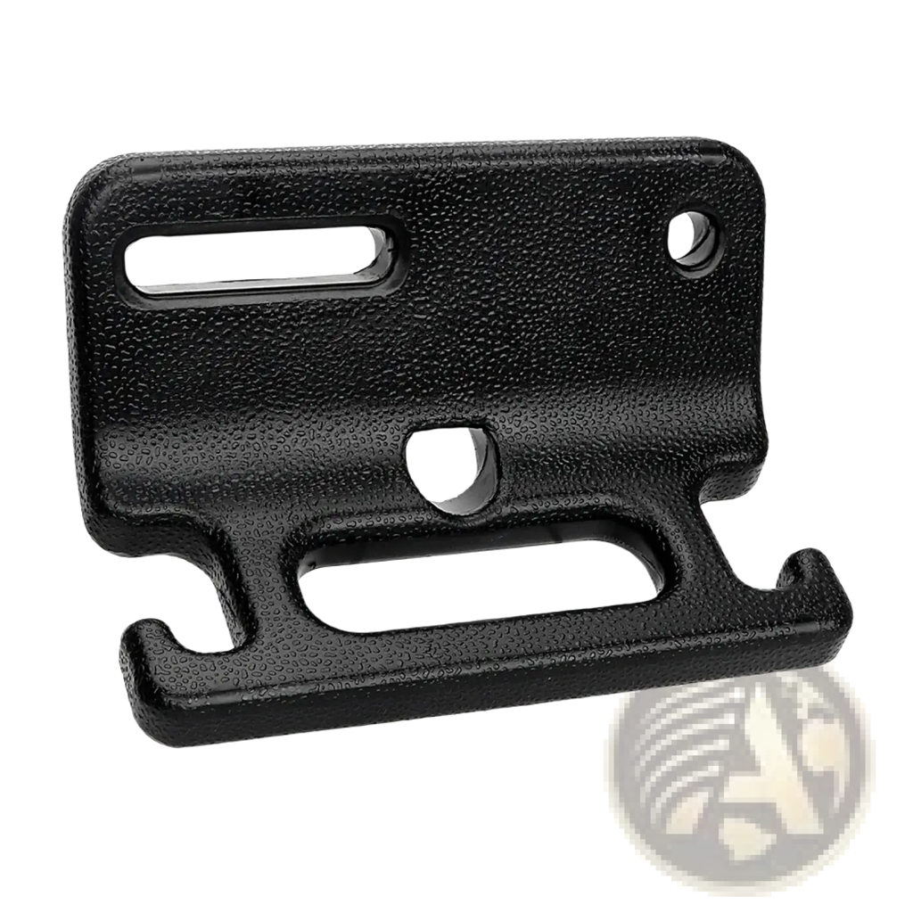 Black textured plastic car headrest storage hook with matte finish and multiple cutouts for seat back attachment