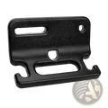 Black textured plastic car headrest storage hook with matte finish and multiple cutouts for seat back attachment