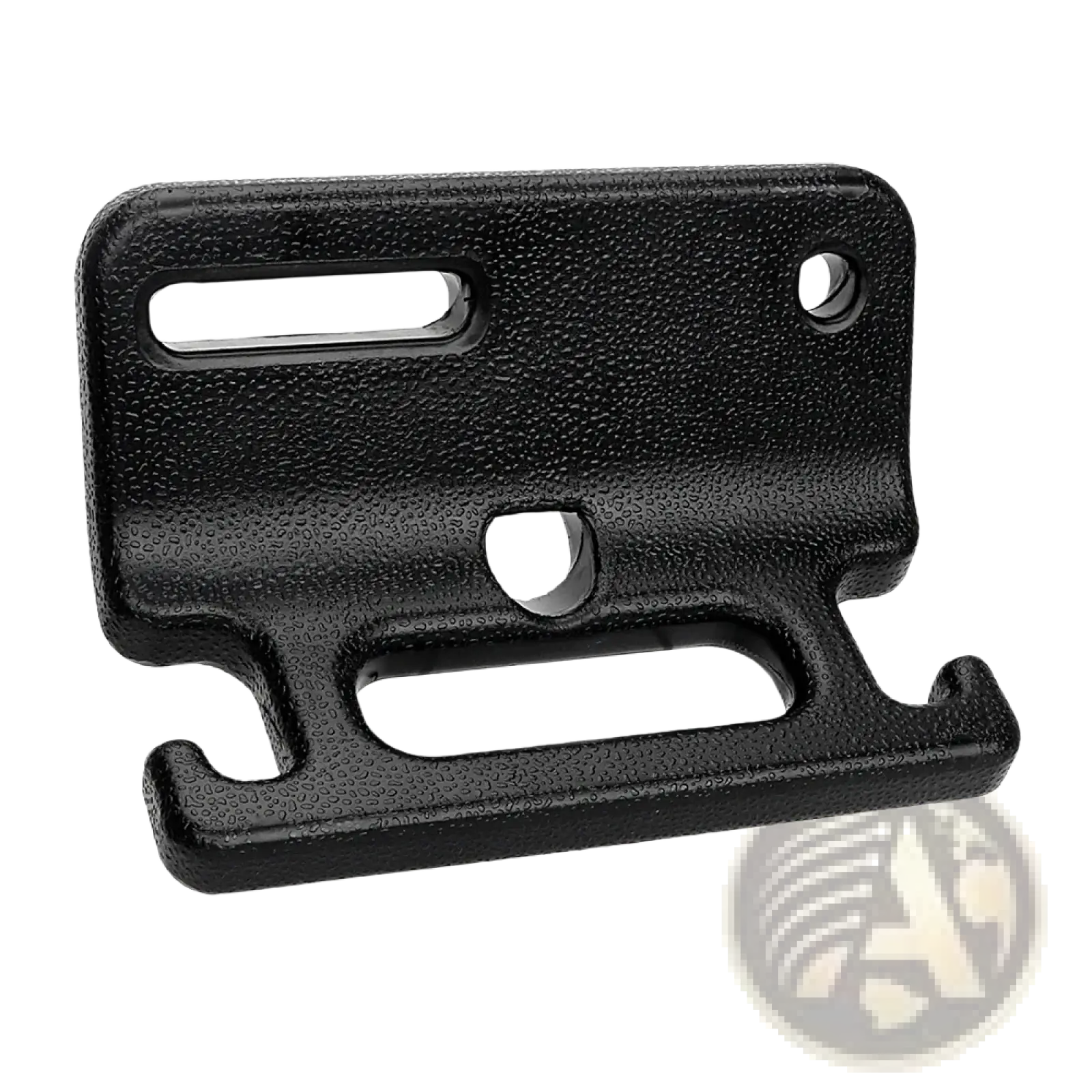 Black textured plastic car headrest storage hook with matte finish and multiple cutouts for seat back attachment
