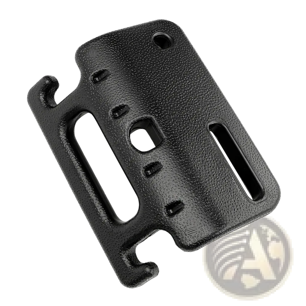 Black textured plastic car headrest storage hook with multiple slots and hooks shown from the back side