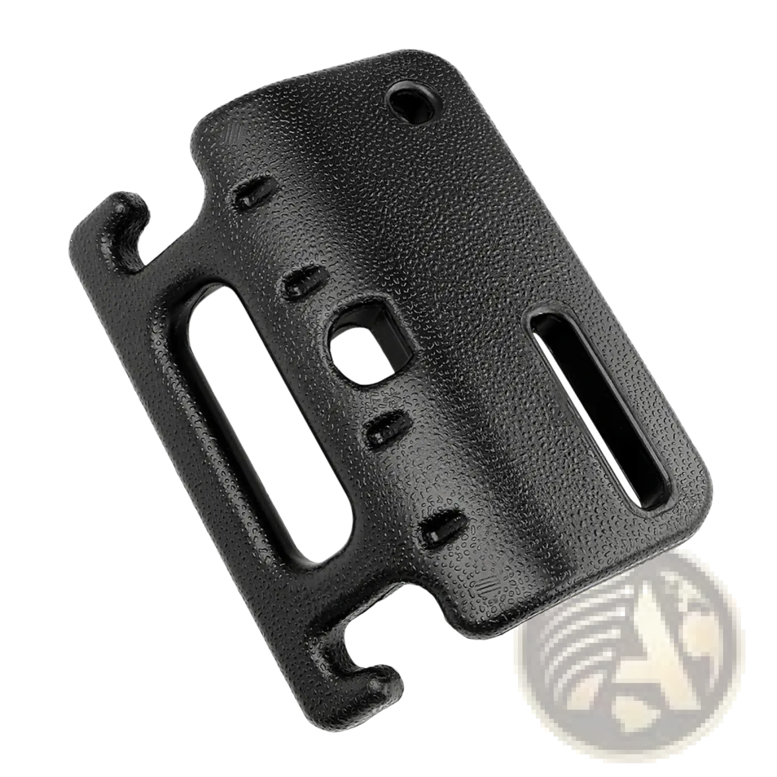 Black textured plastic car headrest storage hook with multiple slots and hooks shown from the back side