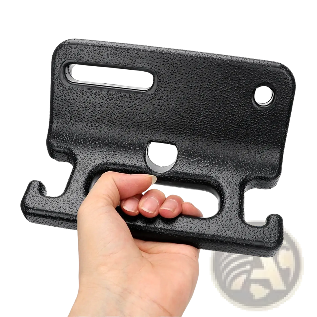 Black textured plastic car headrest storage hook with grip handle and camera access cutouts for seat back organizer