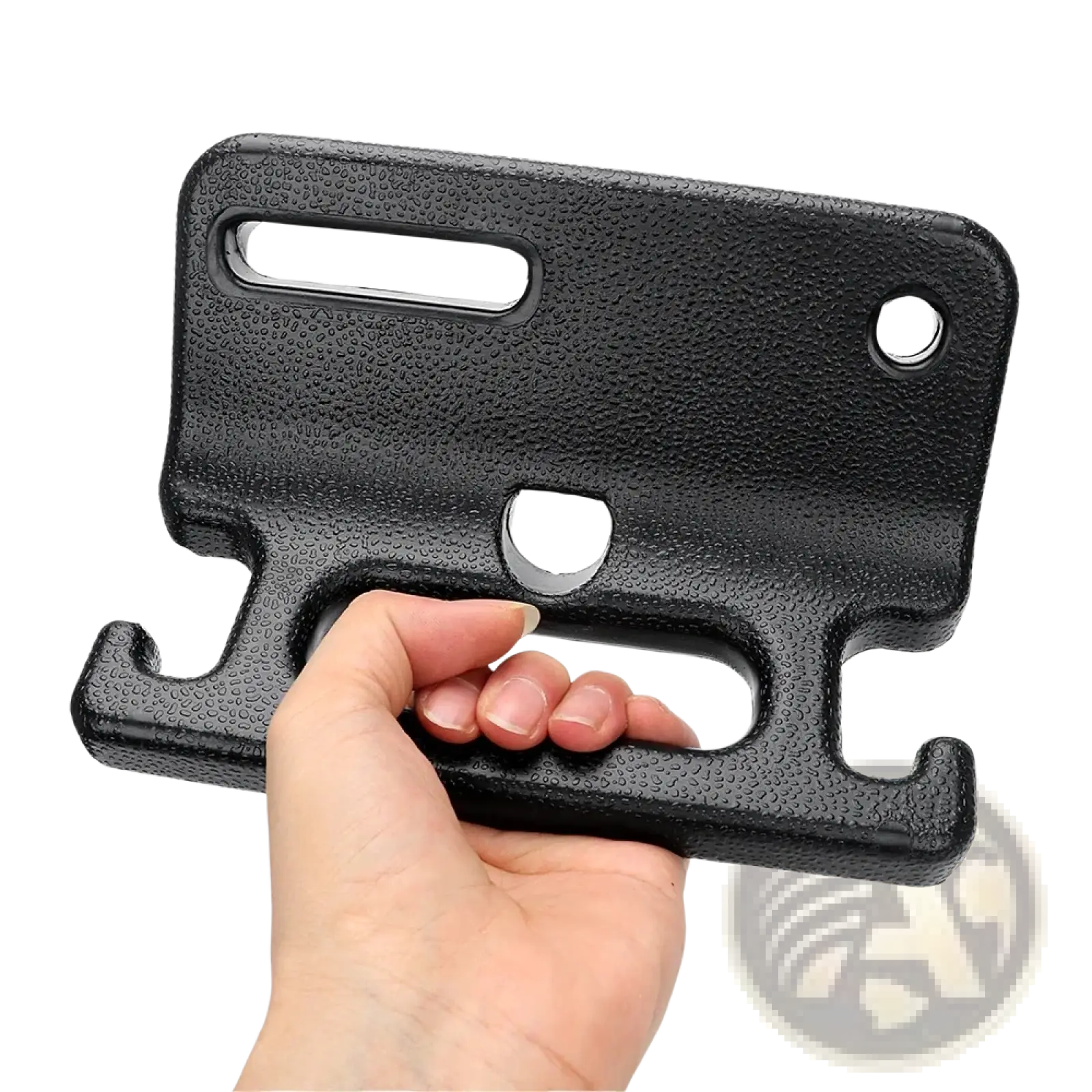 Black textured plastic car headrest storage hook with grip handle and camera access cutouts for seat back organizer